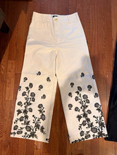 Anthropologie Maeve The Colette Embroidered Crop Wide Leg Pants Ivory Black 29