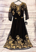 Nine West Black/Gold Floral Embroidered Mesh A-Line Scoop Neck Dress 10