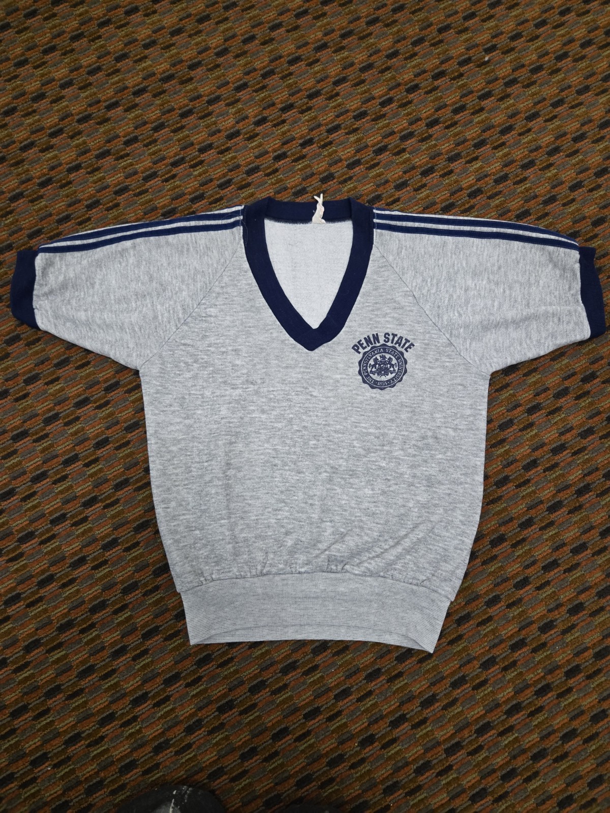 Penn State V Neck Sweatshirt Women Small Gray Blue Striped Sleeve Vintage Style