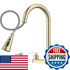 DAYONE 2 Handle Kitchen Faucet Pull Down Sprayer Brushed Gold, 4 Holes Sink