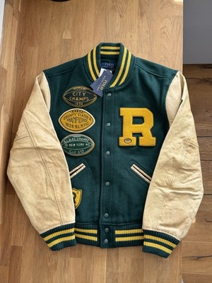 Polo Ralph Lauren Varsity Letterman Jacke M Grün Wolle Leder Champs Fußball