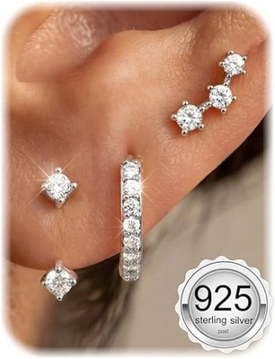 Sterling Silver Earrings Set 3 Pair Hypoallergenic Small Stack Aretes Plata Muje