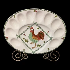 Deviled Egg Rooster Platter Vintage Oval Ceramic Plate Hand Painted Farmhouse 
