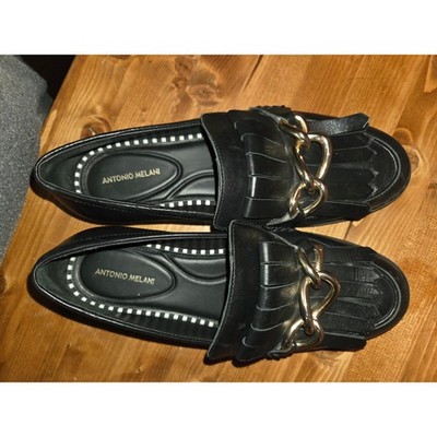 Antonio Melani Black Leather Loafers with Chain Detail womans 8M
