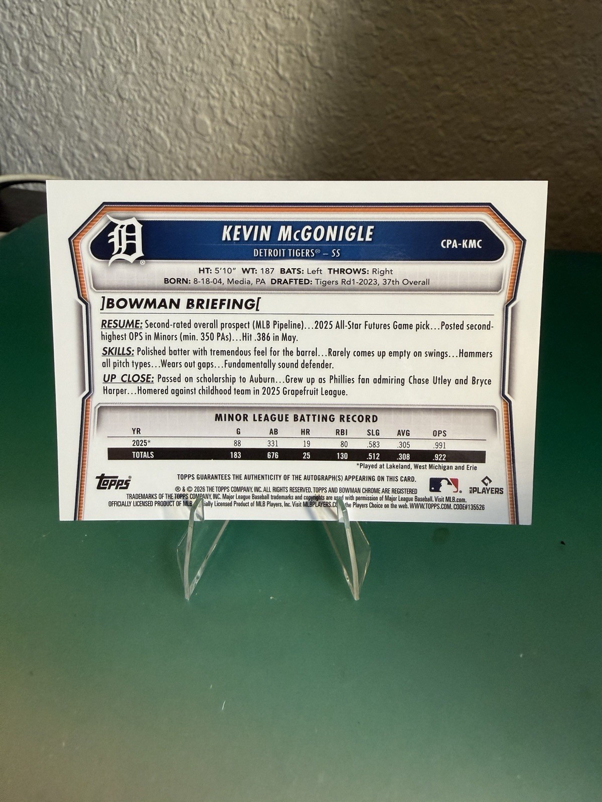 2026 Bowman Chrome Kevin McGonigle Green Shimmer Auto #/99 CLEAN!📈Tigers🔥 view 2