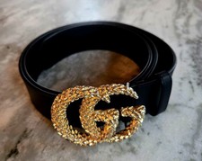 Gucci Black Leather Belt With Double G Marmont Snakeskin Gold Buckle  Box Size