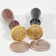 Wax Seal Stamp Two Hearts Love and Leaf Wreath Harvest Screw-on Wood Handles Lot