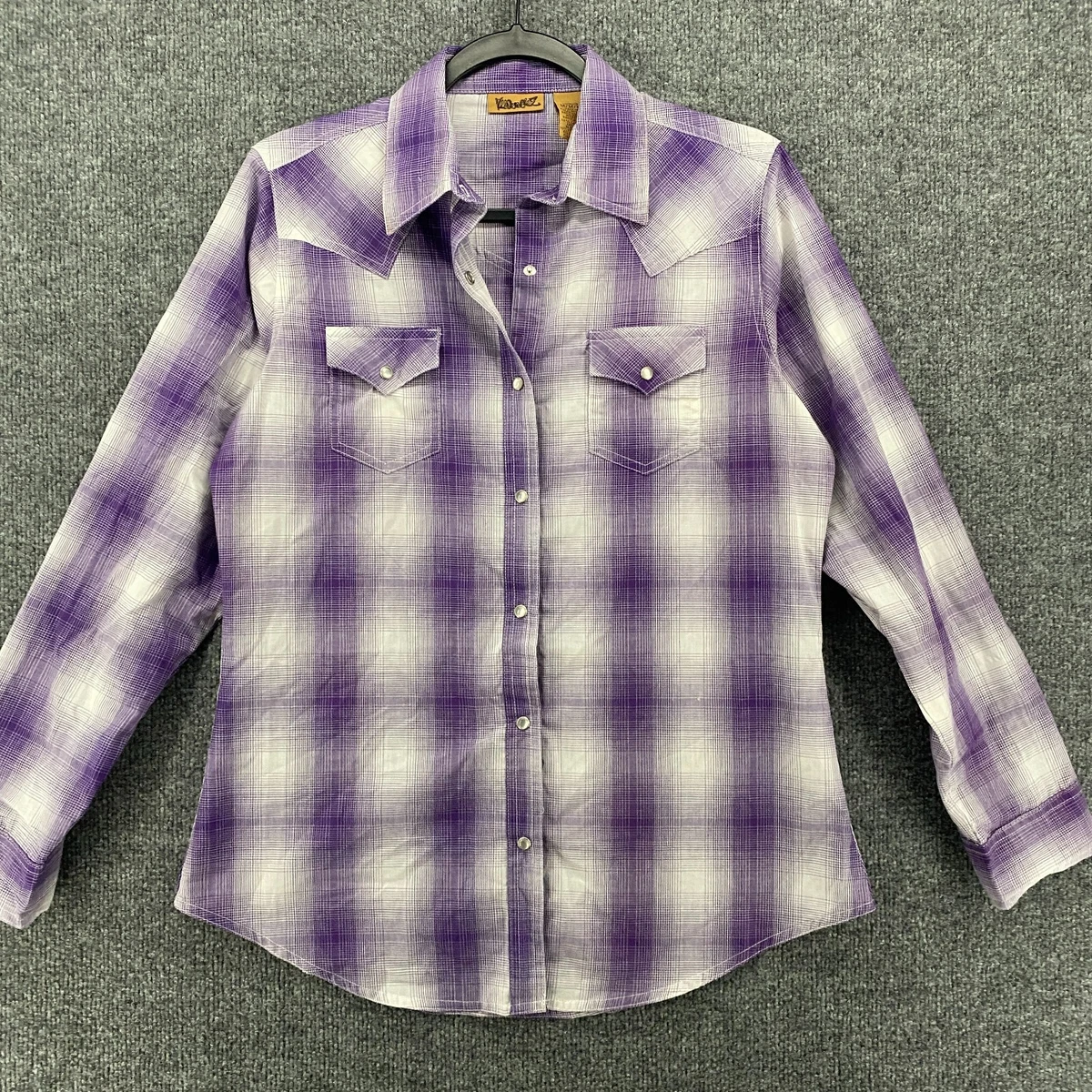 Wrangler Pearl Snap Shirt Womens Size M Purple Plaid Long Sleeves