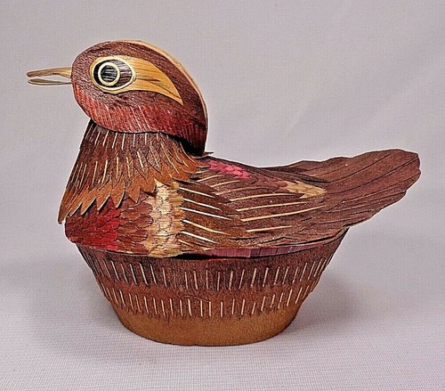 Caja de baratijas forrada de tela de pato, plumas de madera cosidas a mano, perilla, China - Imagen 3 de 12