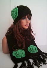 BROWN FLOWER HAND CROCHET FLOWER HAT AND SCARF SET BEANIE SKULL SKI CAP TAM