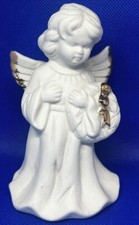 Vintage Bisque Ceramic Angel with Gold Trim and Christmas Wreath Figurine