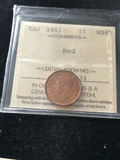 1951  ICCS Graded Canadian, Small One Cent, **MS-65** # XMY 134