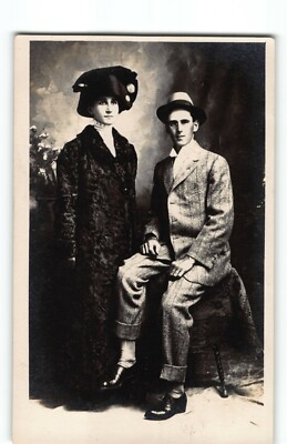 DressedUp Woman Man Studio Portrait Hat Fur Coat Fashion-RPPC Photo Postcard -P4
