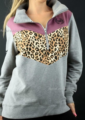 Victoria's Secret Boyfriend Half Zip Mockneck Logo Leopard Fleece Sweatshirt NWT - Picture 2 of 2