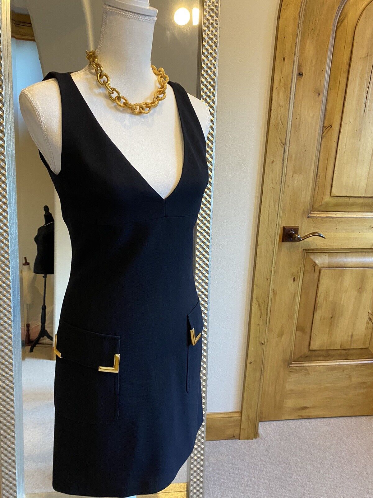 Michael Kors New V-Neck Blue Mini Dress w/Gold Accented Pockets US Size 4 |  eBay