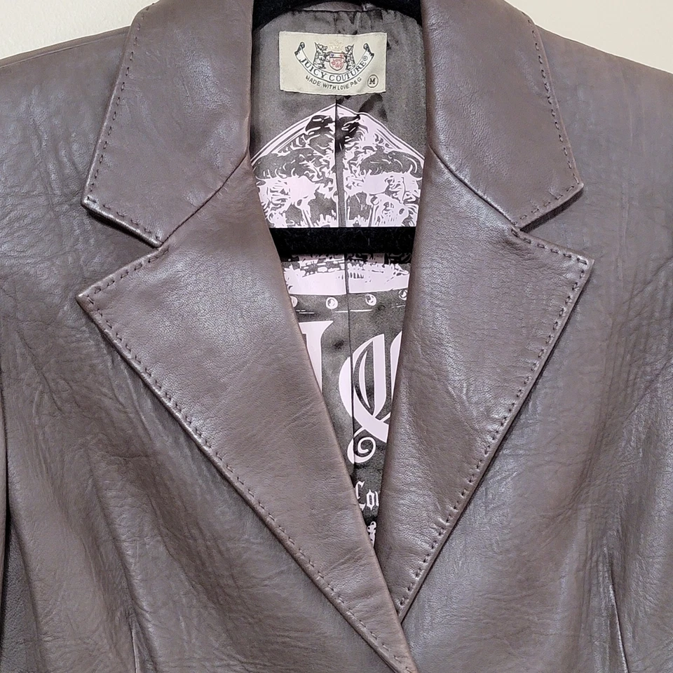 Chaqueta Blazer Vintage JUICY COUTURE Cuero Marrón Recortada Manga 3/4 Talla Mediana Foto 2 de 4
