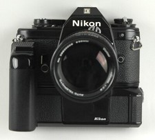 Nikon EM 35mm SLR Film Camera Black Body w/MD-14 Motor Drive  135mm Lens JAPAN