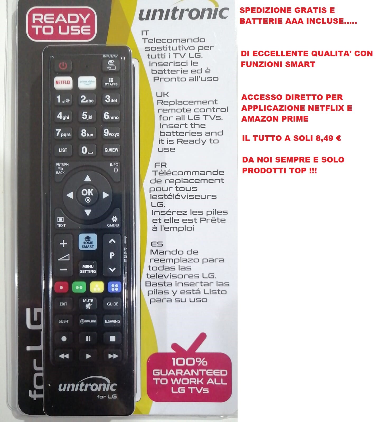 TELECOMANDO TV 3D LCD  HDTV UNIVERSALE COMPATIBILE PER LG NETFLIX PRIME SMART