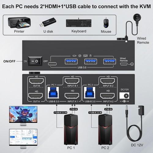 Compact 8K Dual Monitor KVM Switch - 2 Computers, Plug and Play Convenience - Afbeelding 5 van 11