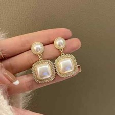 Pearl Clip on Earrings Faux Rhinestone Accents Gold Elegant Screw Back