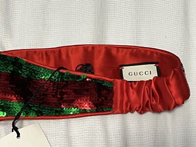 NWT Gucci Sequin Paillettes Headband Shine Web Green Red Silk Lined women Gucci // Red & Green Web Knit Headband – VSP Consignment main image 3