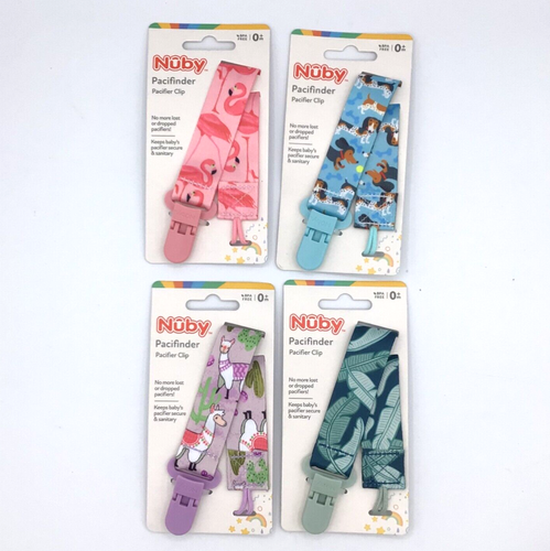 Lot 4 Nuby Pacifinder Baby Girl Pacifier Holder Clip Llama Leaf Flamingo Dogs
