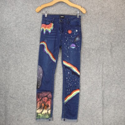 Whimsy Handpainted Jeans Girls 14 Blue Denim Rainbow Artsy Art HUDSON 26/27