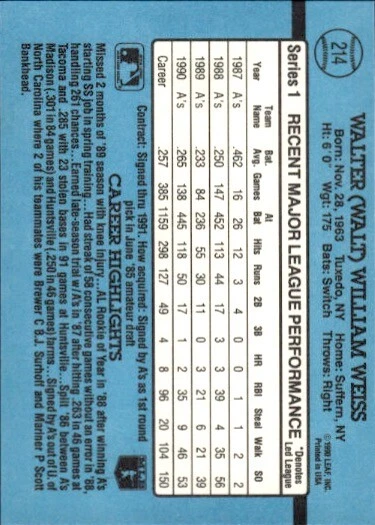 1991 Donruss #214a Walt Weiss - Image 2 of 2