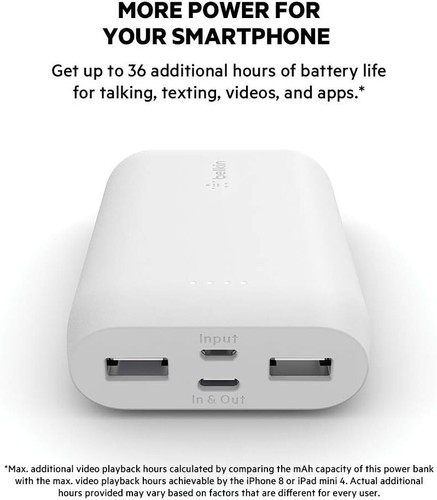 Belkin 10K Power Bank – White – Model F8J267btWHT– Dual USB - Fast Charging - Picture 3 of 6
