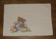 Vintage Hand Embroidered Teddy Bear Baby Crib Pillowcase 12 1/2" x 18"