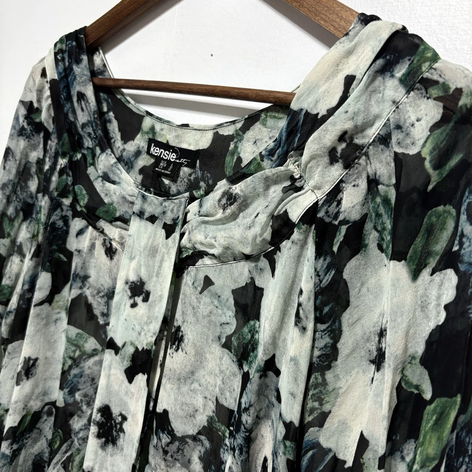 Blusa Kensie Mujer L Oscura Floral Seda Mangas 3/4 Lazo Frontal Cintura Elástica Foto 3 de 4
