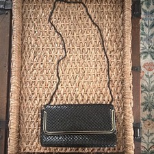 Black Vintage Clutch Evening Bag Crossbody Strap Snap Gold Hardware