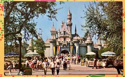DISNEYLAND postcard. SLEEPING BEAUTY CASTLE, Fantasyland. Food Vendor Wagon. D-2