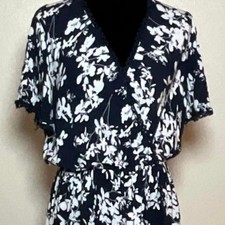 Kindred Dress 2X Plus Size Navy White Floral Midi Faux Wrap V-Neck Border Print