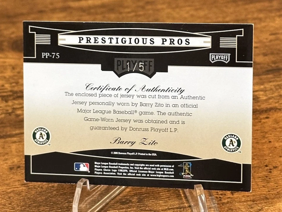 2005 Playoff Prestige Barry Zito Prestigious Pros Material Patch Platinum /5 - Image 3 of 4