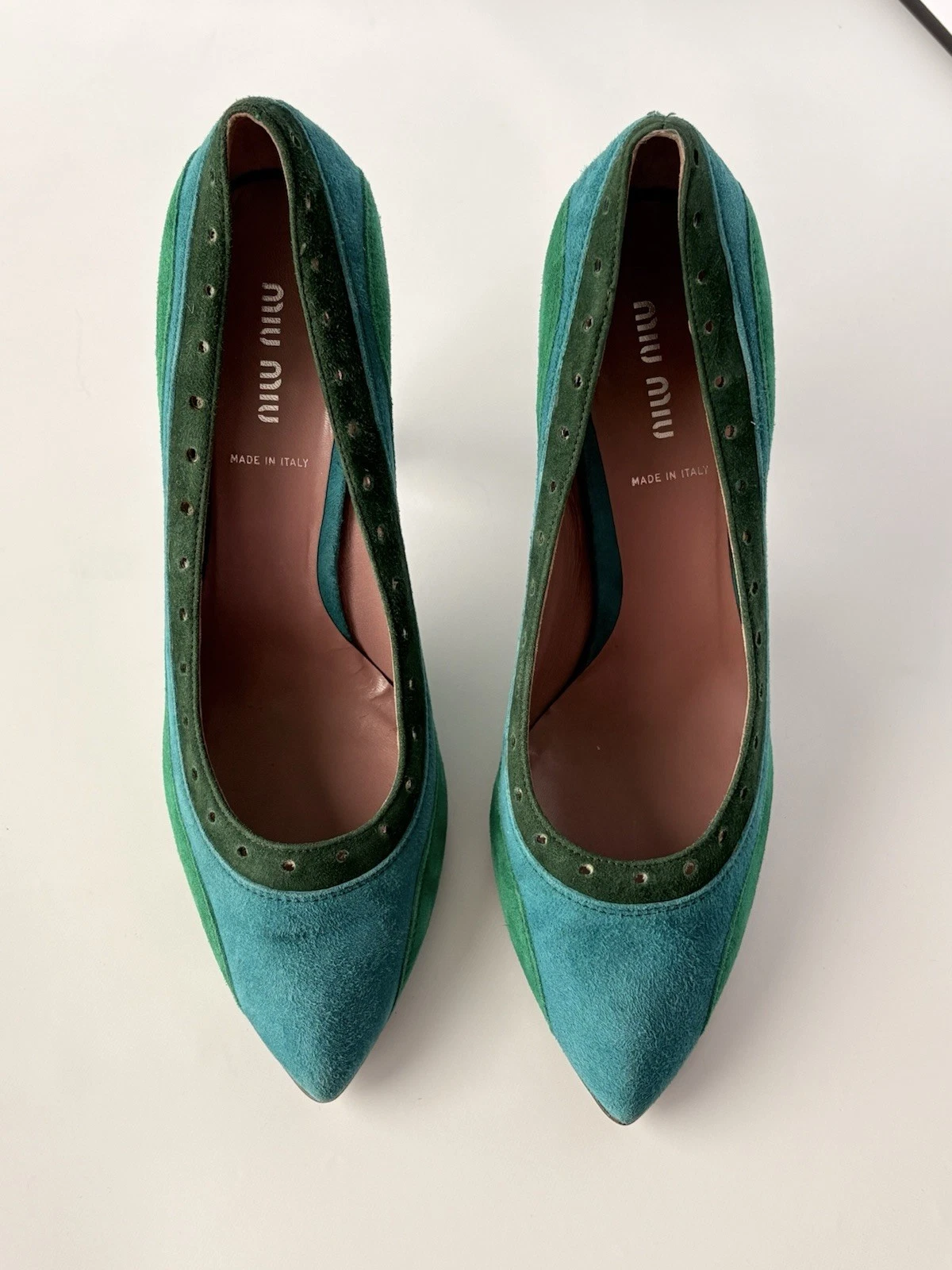 MIU MIU RUNWAY FW 2005 DÉCOLLETÉ SCAMOSCIATE TACCO TURCHESE BLU VERDE US 9 EU 40