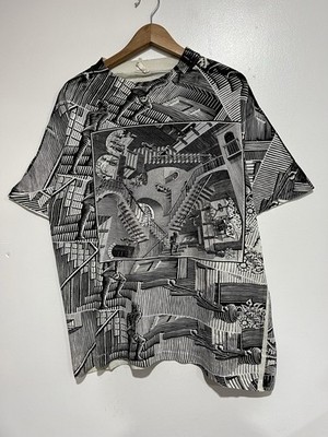 Vintage 90s Mc Escher Art Shirt All Over Print AOP Relativity Staircase Large