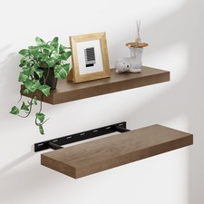 Set of 2 Floating Shelves 16 Inch Solid Wood, 8 Inch Deep Wall Mounted Display