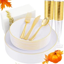175PCS White and Gold Plastic Plates - Gold Plate Include 50Plastic Plates, 2...