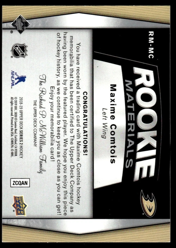 2018-19 Upper Deck Rookie Material Maxime Comtois Anaheim Ducks #RM-MC - Image 2 of 2