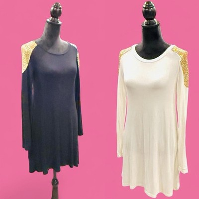 12PM by Mon Ami Dress Lot 2 Gold Sequin Shoulder Black Ivory S/M USA Club Party