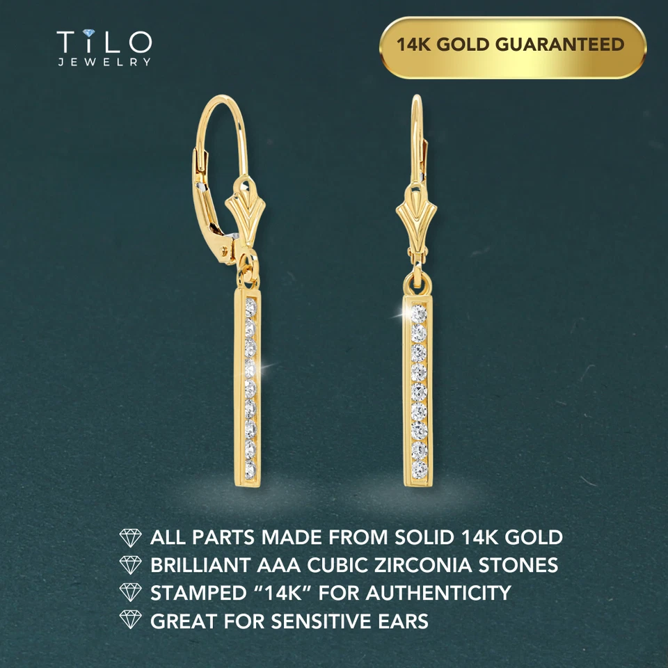 14K Real Solid Gold Pave Linear CZ Bar Dangle Drop Earrings Lever-back Hoops - Image 2 of 4