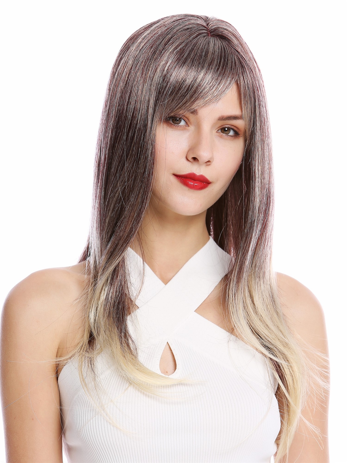Peluca Para Mujeres Larga Lisa Con Flequillo Castaño Claro Rubia Mechada GFW2274