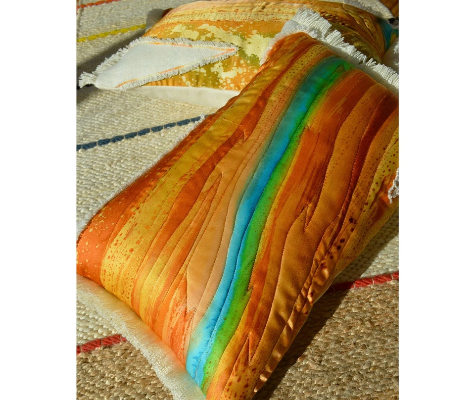 Fabric17 Silk & Linen Lumbar Pillow Cover 13x20". Hand Painted and Quilted Silk - Image 2 of 4