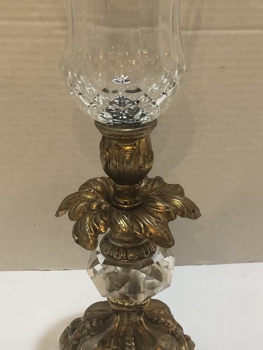 Vtg Ornate Gold Metal Candle Holder Crystal Glass Shade Baroque Style 13" - Picture 10 of 16