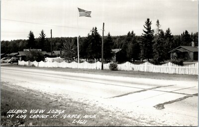 EKC RPPC Postcard MI St. Ignace Island View Lodge Log Cabins Old Cars 1940s S70