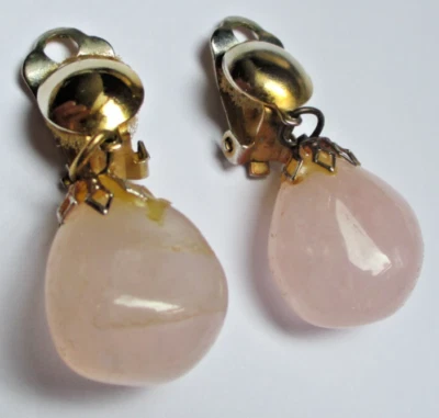 Anciennes boucles d'oreilles clip couleur or quartz rose rare bijou vintage 3215 - Photo 1/3