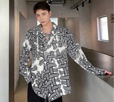 Men's Fashion Suit Collar Long Sleeve Loose Printed Shirt Youth Party Blouses GP