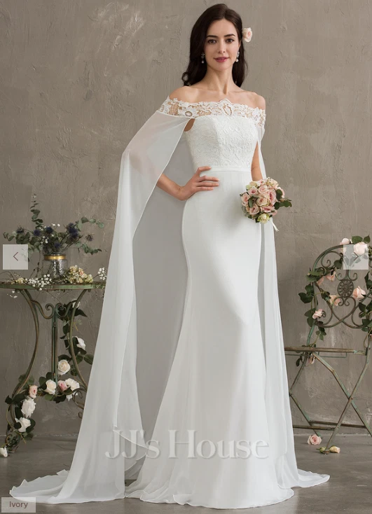 Bohemian Chiffon Wedding Dresses with Cape Lace Appliques A Line Bridal Gowns - Image 3 of 4