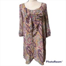 UMGEE small womens paisley boho lined shift dress elastic 3/4 sleeve bow front